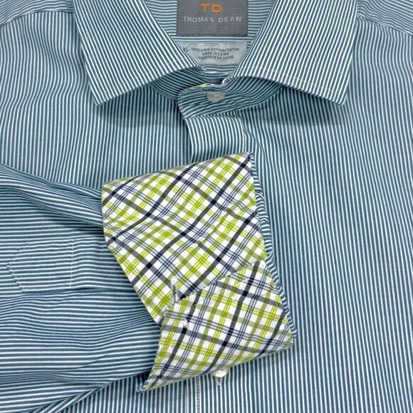 Thomas Dean Blue White Thin Stripe Pima Cotton Flip Cuff LS Shirt - Picture 5 of 9